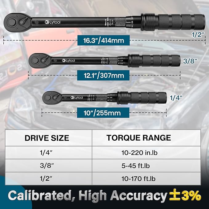 Lytool Torque Wrench Set 1/4" 3/8" 1/2" Drive (3-Piece), Click Type Torque Wrenches ±3% Accuracy, 72-Tooth Ratchet, Quick Release, Automotive Torque Wrench Set for Car, Bike, Motorcycle Repair