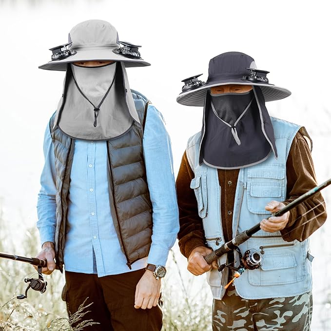 2 Pcs Solar Fan Hats Wide Brim Fishing Hats with 2 Solar Fan and Removable Face Cover Cooling Buckets for Men Women