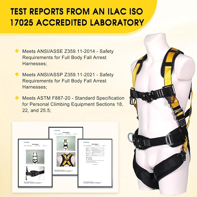 Fall Protection Premium Safety Harness with Shock Absorbing Lanyard, Vented & Padded Shoulder, Legs & Back - Upgrade 4 Quick Buckles (Yellow)