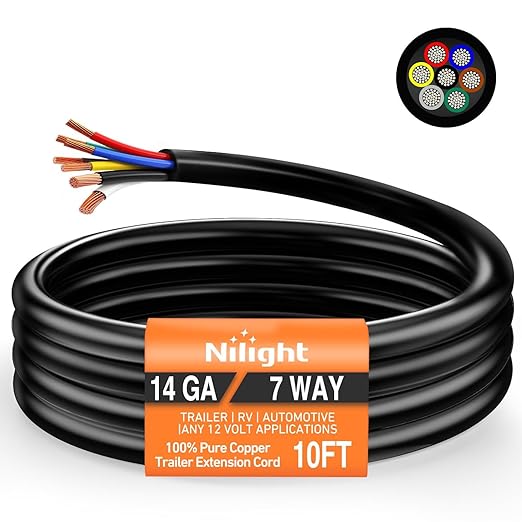 Nilight 10 Feet 7 Way Trailer Extension Cable RV Standard Wire 14 Gauge 7 Conductor 100% Pure Copper Insulated Heavy Duty Cord Weatherproof for 7 Pin Blade Truck Camper RV Automotive
