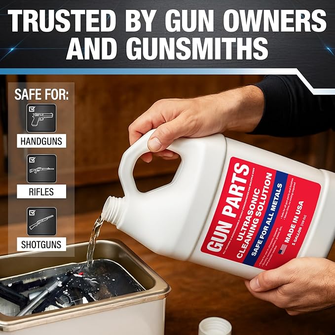 Ultrasonic Gun Cleaning Solution - 1 Gallon/128oz [Made in USA] Concentrated Formula Mixes into 6 Gallons - Firearm Cleaning Fluid for Brass & Gun Parts - for Ultrasonic Cleaner Use