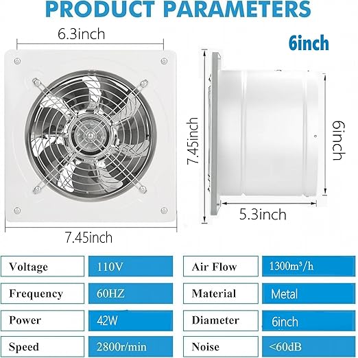 6 inch Exhaust Fan Wall Mounted Garage Ventilation Fan,290CFM Metal Attic Exhaust Fan Basement Extractor Fans with Backdraft Damper for Home Office Commercial Use(42W 110V 、White)