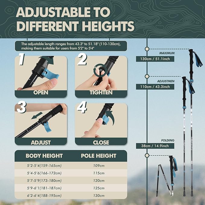 GPTCAMP Walking Sticks Collapsible Hiking Poles,Lightweight Trekking Poles Made of Carbon -Aluminum,2pc Folding Halking Stick for Men & Women,with Extra-Long Foam Handle and Flip Lock,Blue