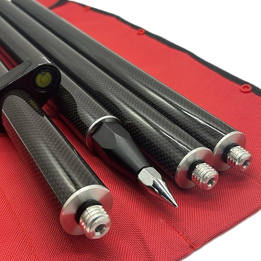 1.8M Carbon Fiber Surveying Prism Pole, 4 Section Survey Rod with 5/8X11 Thread, 4 Section Prism Pole with Level Bubble and Soft Bag
