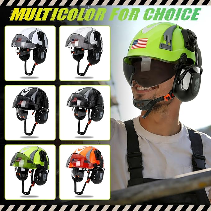 Hard Hat with Dual Visor and Hearing Protection-OSHA Approved Construction Hard Hats with Visor Sunglasses Earmuffs for Men,Vented Forestry Chainsaw Arborist Helmet with Chin Straps