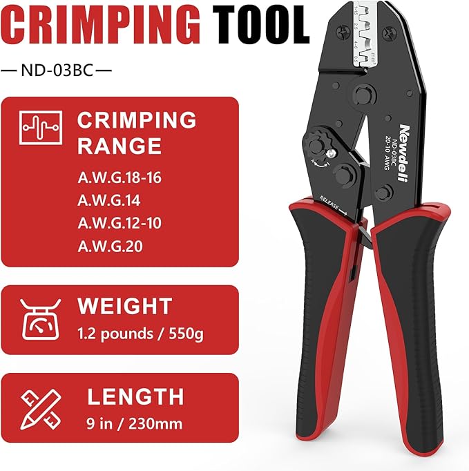 Newdeli Wire Crimping Tool for Non Insulated Open Barrel Terminals Receptacles - AWG 20-10 Ratchet Wire Crimper Open barrel Crimping Tool Electrical Connectors Ratcheting Crimping Plier Crimp Tool