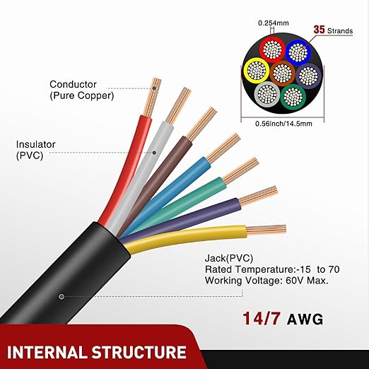 Nilight 100 Feet 7 Way Trailer Extension Cable Traditional SAE 14 Gauge 7 Conductor 100% Pure Copper Wire Insulated Heavy Duty Cord Weatherproof for 7 Pin Blade RV Automotive