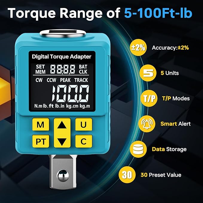 Upgrade 1/2" Digital Torque Adapter, (±1% Accuracy, 5-100Ft-lb), Precision Digital Torque Wrench Adapter with Color Display, Smart Alert, 1/4", 3/8" Converters for Auto, DIY & Home Repairs(135N.m)