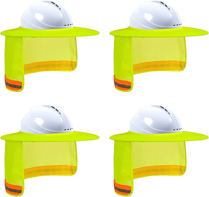 Hard Hat Sun Shade, High Visibility Sun Visor Neck Shade with Reflective Strip, Full Brim, Man & Woman (Hard Hat Not Included), Yellow, 4 Pack