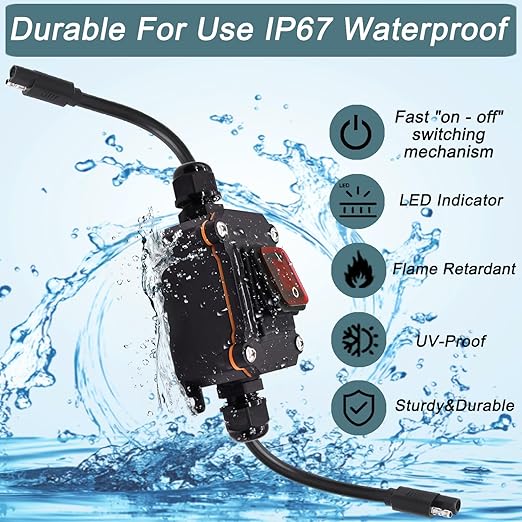 Inline 12V Power Switch with IP67 Waterproof Rating, 14AWG SAE Cable with ON/Off Switch, Quick Connect/Disconnect Snap, SAE Converter Cable for Solar Panel, Motorcycle, RV, Camp Trailer