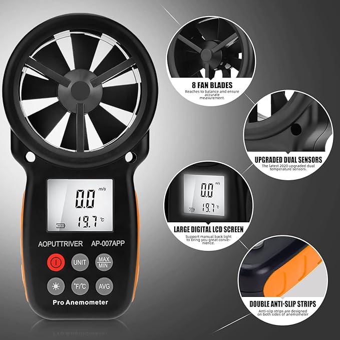Bluetooth Anemometer,CFM Air Flow Velocity Tester, Digital Wind Speed Gauge Meter with 14℉-113℉ Wind Temperature Measuring and USB Data Export