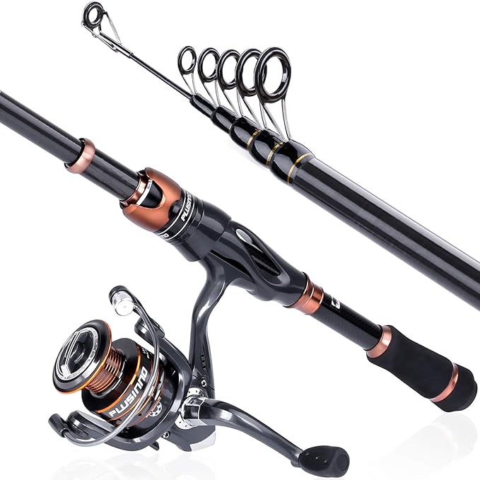PLUSINNO Fishing Rod and Reel Combos, Bronze Warrior Toray IM6 Carbon Matrix Telescopic Fishing Rod Pole, 12 +1 Shielded Bearings Stainless Steel BB Spinning Reel, Travel Freshwater Fishing Gear