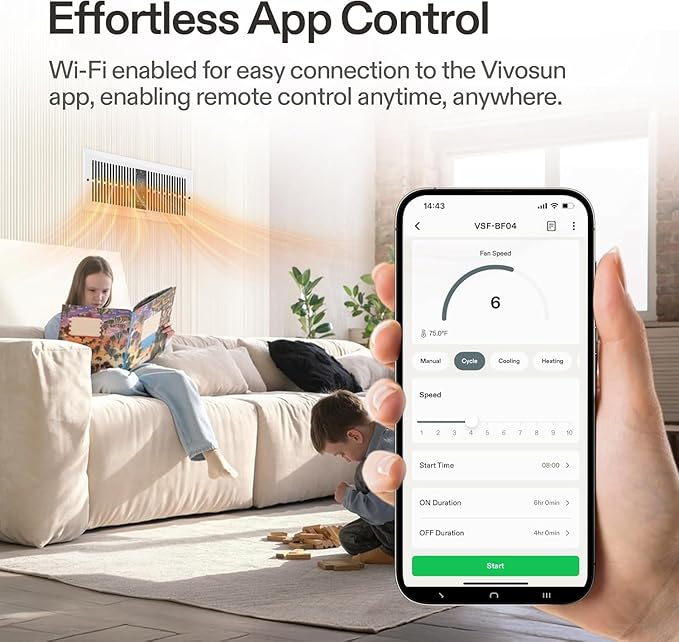 VIVOSUN Quiet Register Booster Fan for 𝟒" 𝐱 𝟏𝟐" Holes, Cooling Heating Vent Fan with 10-Speeds App Control &Adjustable Wind Direction, Thermostat Control for Bedroom, Bathroom &Attic, White
