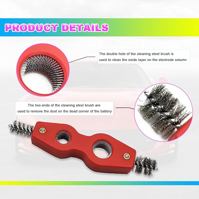 4 in 1 Car Battery Terminal Cleaners Anti-Corrosion Steel Wire Brush Heads, Cleans Inside Outside Thread, for Battery Terminals Machine Parts Cleaner Tool for Automotive and Marine(Red