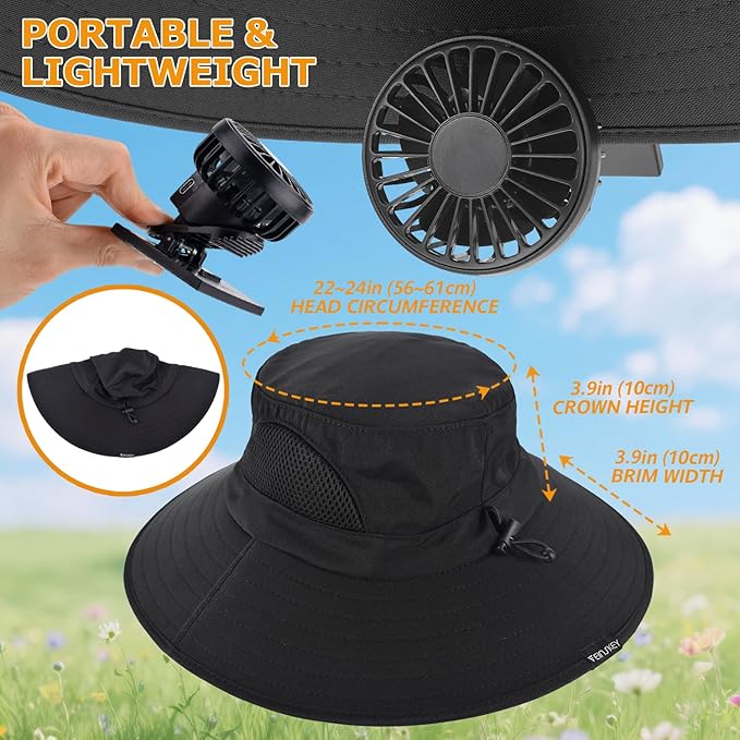 EINSKEY Solar Powered Fan Hat, UPF50+ Wide Brim Bucket Hat with Ultralight Clip-On Fans for Outdoor Hiking Fishing Gardening