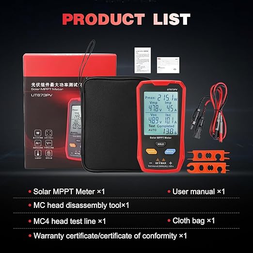 Solar Panel Tester Meter Photovoltaic Multimeter 800W, Solar MPPT Meter with Large Ultra Clear LCD, Smart MPPT Open Circuit Voltage Troubleshooting Utility Tool for PV Testing