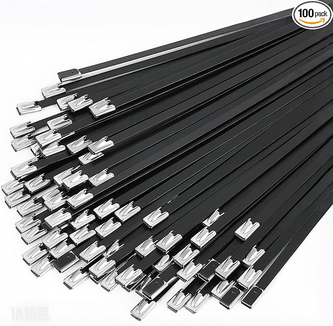 11.8 Inch Black Metal Zip Ties, 100PCS Epoxy Coated 304 Stainless Steel Cable Ties - Heavy Duty Outdoor Use for Fencing, Exhaust Wrap, Machinery, and More.