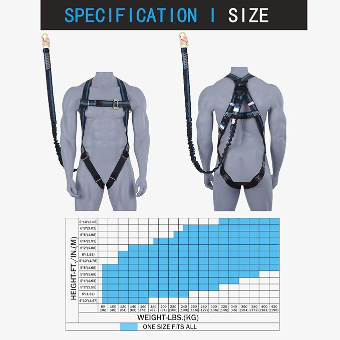 Safety Harness Fall Protection Kit - 3 Pt Full Body Safety Harness with 6 FT Internal Shock Absorbing Lanyard & Snap Hook, for Roofing Construction & Scaffolding Use, ANSI OSHA Compliant