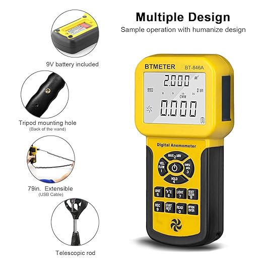 BTMETER BT-846A Pro HVAC Anemometer Measures Wind Speed Flow Temperature CFM Air Flow Velocity Meter with Backlight MAX MIN AVG
