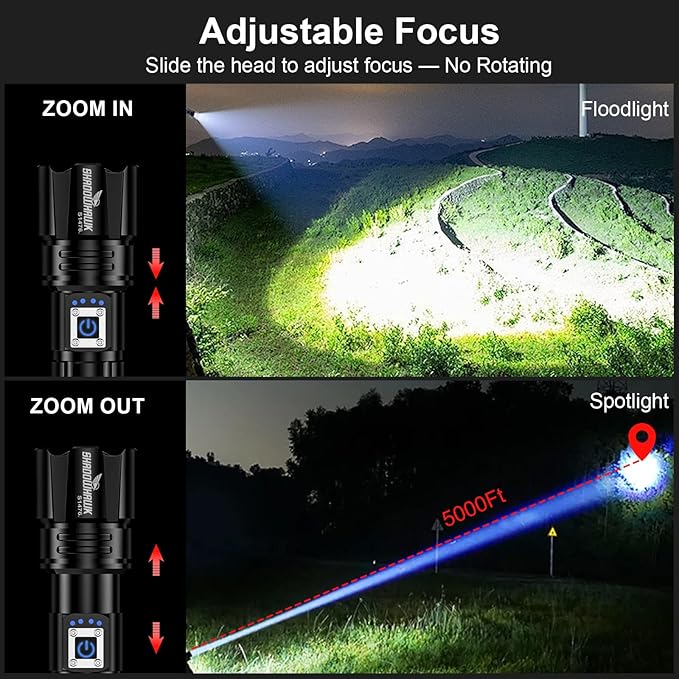 Flashlight 10000 High Lumens Rechargeable - 30W Super Bright LED Flash Light | 5000ft Beam & 12H Long Lasting USB C High Powered Handheld Police Flashlight for Home, Camping, Hiking, Emergency