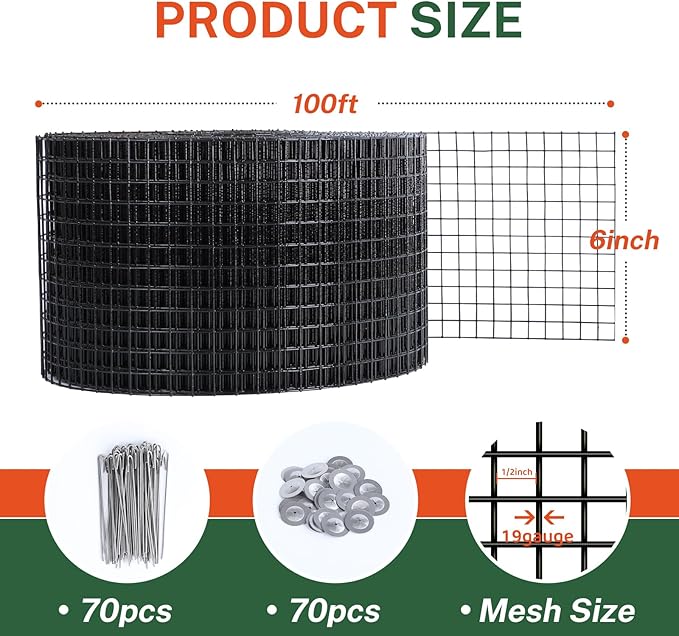 1/2" 6" X 100' Solar Panel Bird Guard Mesh, with 60 Fastener Clips Critter Guard for Solar Panels, PVC Coated Galvanized Bird Guard, for Squirrel,Bird,Critters Proofing