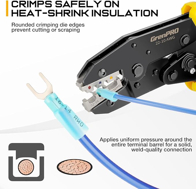 Wire Crimper Tool for Insulated Electrical Wire Connectors, AWG22-10 Terminal Crimper Pliers, Yellow Black Handle Crimping Tool