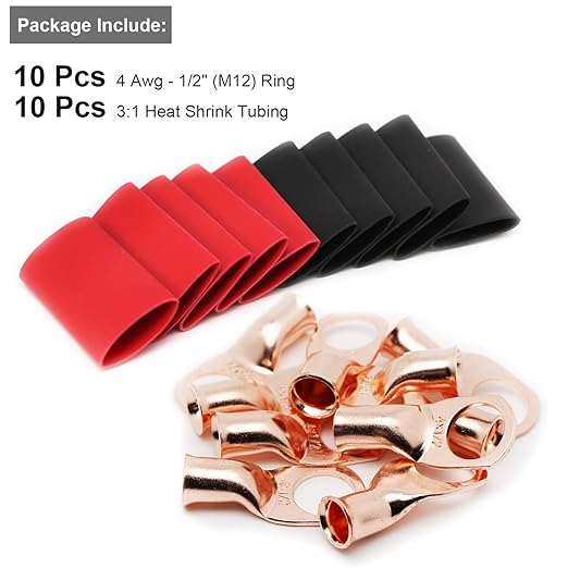 TKDMR 10pcs 4 AWG-1/2 Battery Lugs,Heavy Duty Wire Lugs,Ring Terminals,Battery Cable Ends,0 Guage terminals,Battery Terminal Connectors with 10pcs 3:1 Heat Shrink Tubing