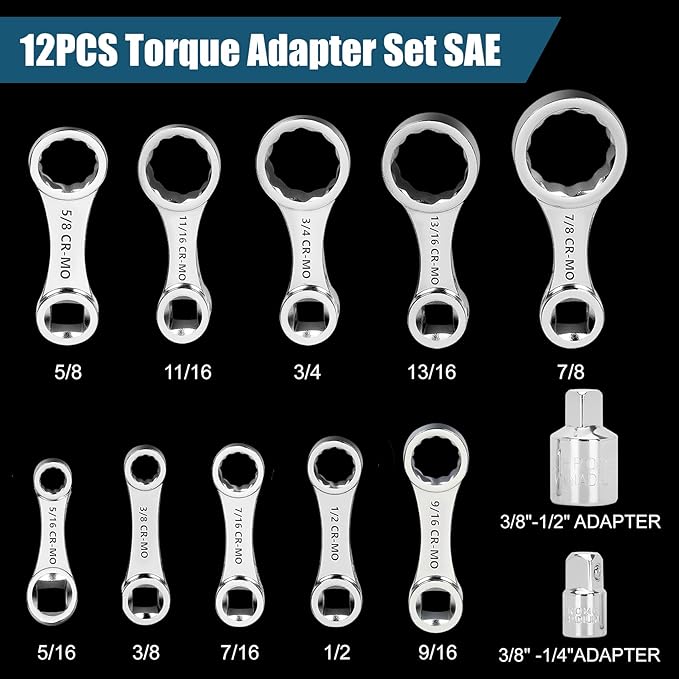 Torque Adapter Set SAE 12PCS, Includes 5/16", 3/8", 7/16", 1/2", 9/16", 5/8", 11/16", 3/4", 13/16", 7/8", 3/8" Torque Wrench Adapter, 12 Point Torque Extender Adapter with 1/2" + 1/4" Drive Converters