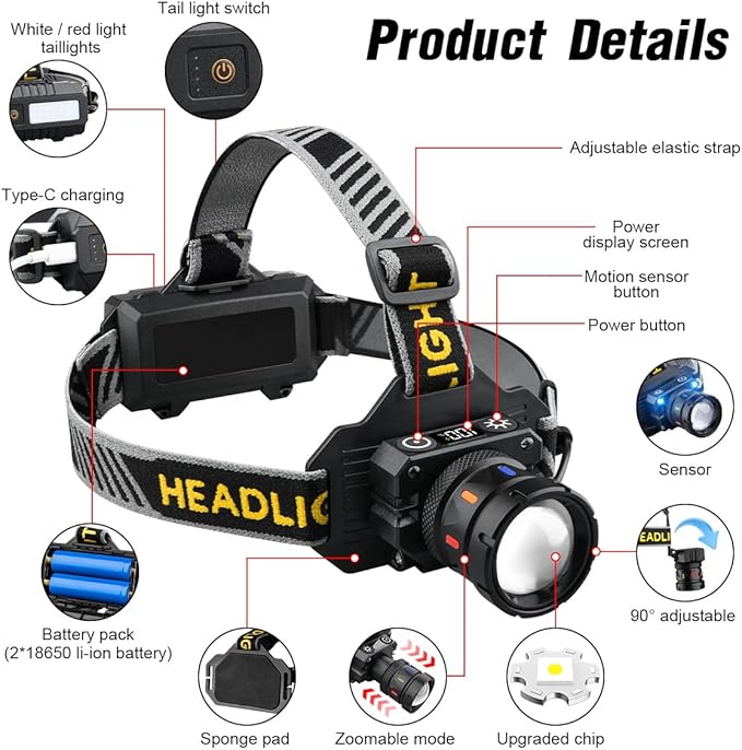 Headlamp Rechargeable 5000 High Lumen: Super Bright LED Head Lamp with Motion Sensor, 9 Modes, IPX7 Waterproof, 90°Adjustable, Zoomable Headlight for Adults Hunting Camping Hiking Running