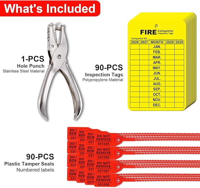90 Sets Fire Extinguisher Tags Monthly Inspection Tear-Resistant Numbered Plastic Tamper-Evident Cable Ties Easy to Punch Includes Handheld Hole Puncher- Red