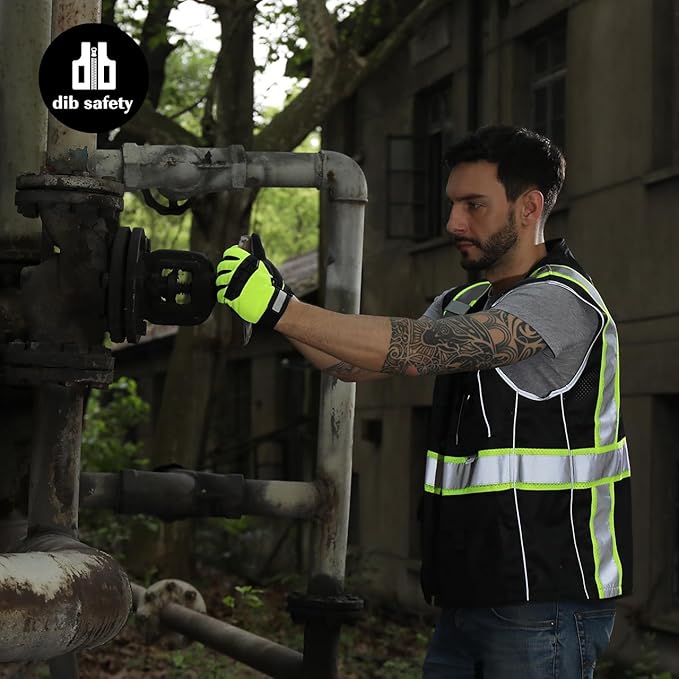 Dib Safety Reflective Vest Black Mesh, High Visibility Vest with Pockets and Zipper, Heavy Duty, Made with 3M Reflective Tape, M
