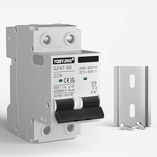 DC Circuit Breaker 20 Amp Solar Panel Disconnect Switch 12V-500V 2 Poles Miniature Solar Circuit Breaker for Outdoor PV Homes Battery, AC 110V DIN Rail MCB