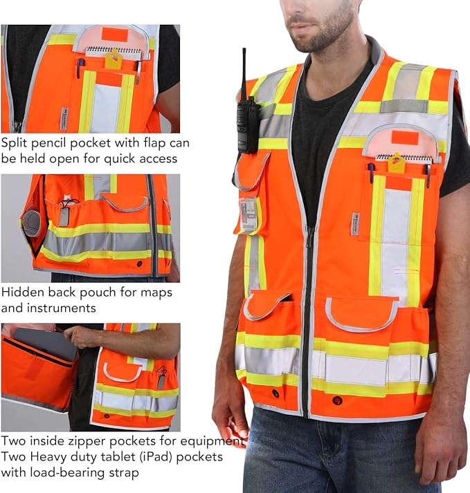 Dib Safety Reflective Vest Heavy Duty, High Visibility Two Tone Engineer Vest, Padded Collar, Retractable ID Pocket, Made with 3M Reflective Tape, Orange XL