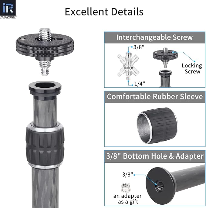 INNOREL ER222C Universal Carbon Fiber Tripod Center Column Extension Pole Extender - Two-Section Mid-Column Extension Rod Pole for Monopod DSLR Camera - 22.2mm Max Tube