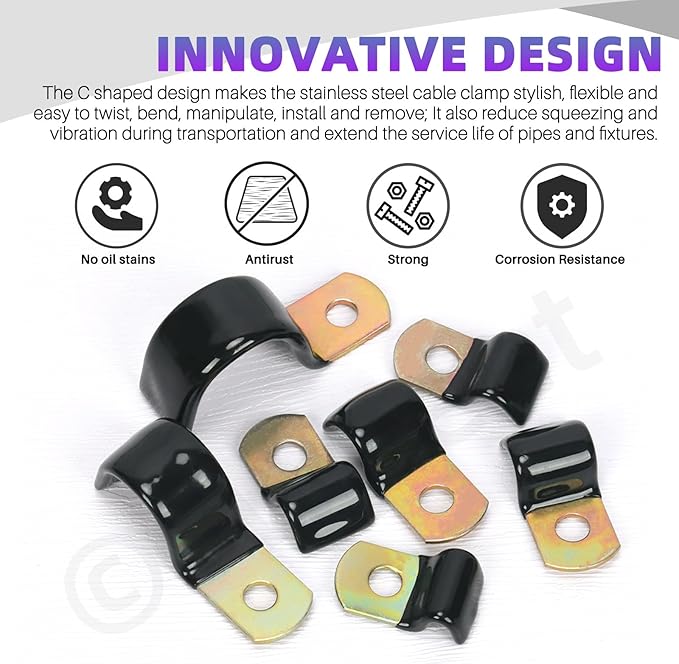 Swpeet 40Pcs 7 Size 6mm-25mm 1/4" Galvanized Hole Vinyl Coated One Hole Unilateral Cable Clamps Assortment Kit, Rubber Cushioned Insulated Clips, Metal Wire Clamps for Pipe Cables Wires