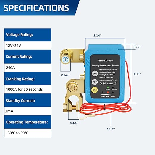 Remote Battery Disconnect Switch 12V/24V 240A Kill Switch Automatic Power Shut Off Switch Remote Control Switch for Auto Car Truck Boat