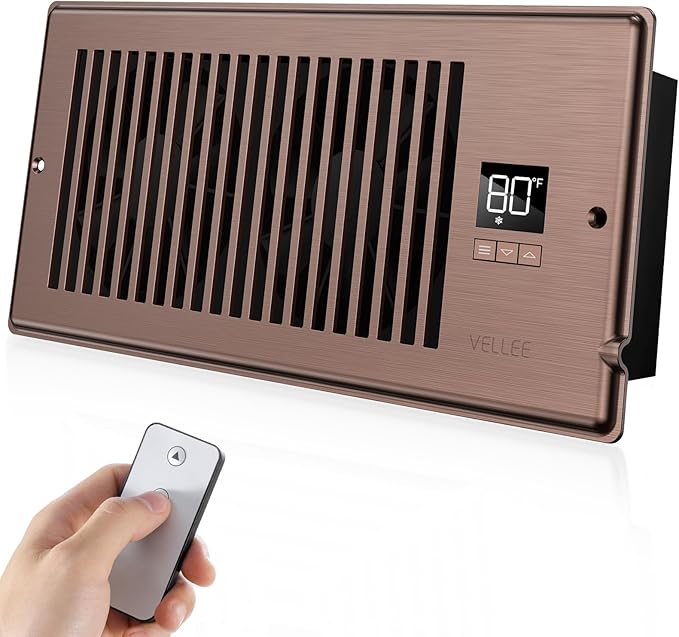VELLEE Quiet Register Booster Fan Fits 4" x 10" (DUCT OPENING CUTOUT), 10-Speed Smart Heating Cooling AC Vent Booster Fan w/Remote Control & Thermostat Control (Vertical Grille - Bronze) - Corded