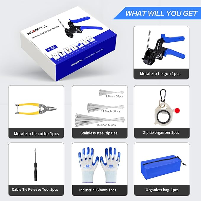 Stainless Steel Cable Tie Gun Set - With 150pcs Heavy Duty Cable Ties，Special Tool For Fastening And Cutting Metal Zip Ties-for Chain Link Fence Parts, Wire Fence Rolls,Exhaust Wrap, Outdoor Fences