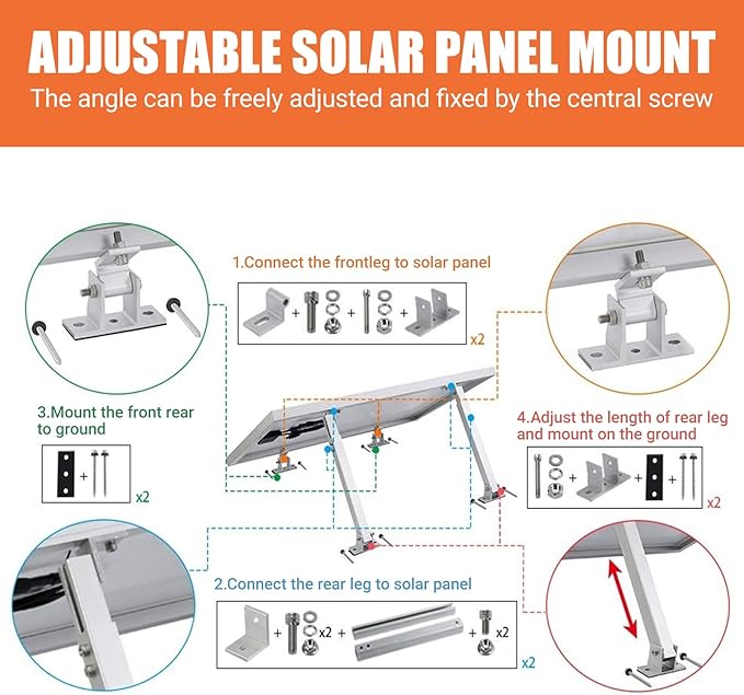 Adjustable Solar Panel Tilt Mount Brackets, 2 Sets 15-30° Adjustable Aluminum Solar Mounting Brackets Support 50-400 Watt Panel for Flat Surface for Flat Surface, RV, Roo