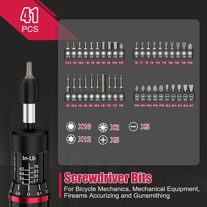 Torque Screwdriver Wrench Driver Set, 41 Pcs 8-70 Inch Pound Torque Screwdriver Set, 1/4" Small Torque Wrench Screwdriver for Bike, Scope Mounting & Device Assembly