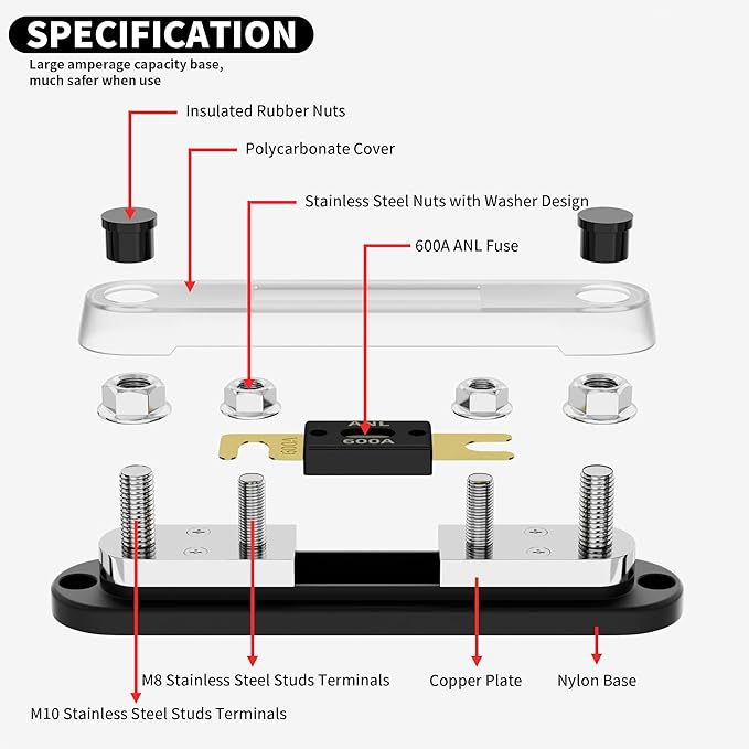 DaierTek ANL Fuse Holder with 600 Amp ANL Fuse M10 Stud Terminals Max 750A Marine ANL Fuse Block with Gold Plated 600A ANL Fuse for Automotive Car Truck Boat