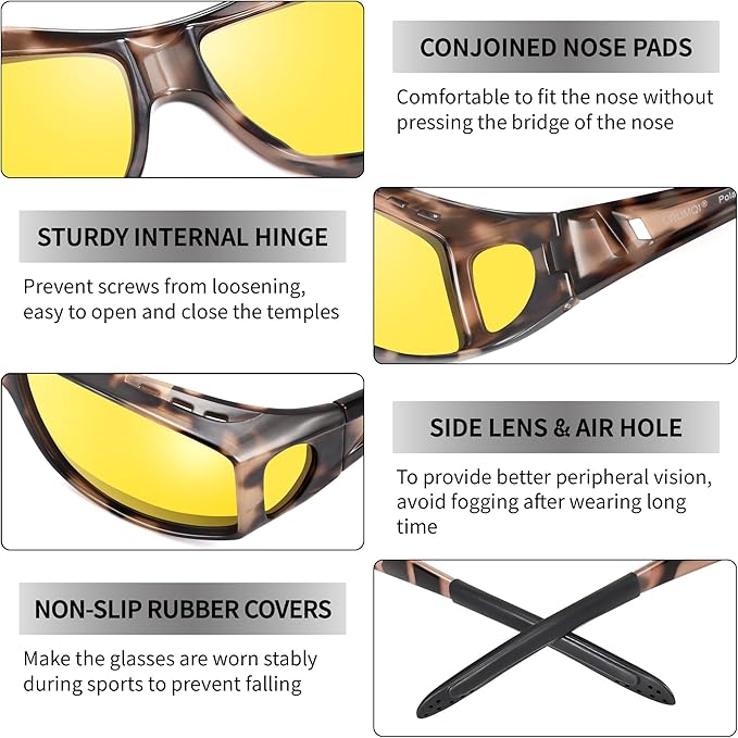 URUMQI Night Vision Driving Glasses Fit Over Eyeglasses for Men Women, Anti Glare Polarized Nighttime Glasses Yellow Lens