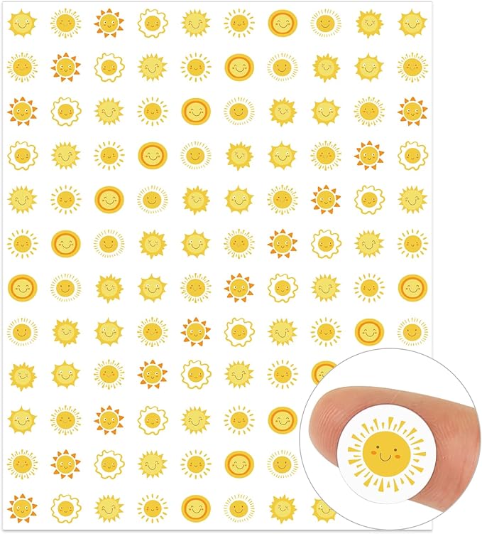 JarThenaAMCS 2400Pcs Mini Sun Sticker Cute Smile Face Paper Decals 9 Designs Yellow Self-Adhesive Stickers for Summer Envelopes Scrapbook Gifts DIY Supplies, 0.5 in