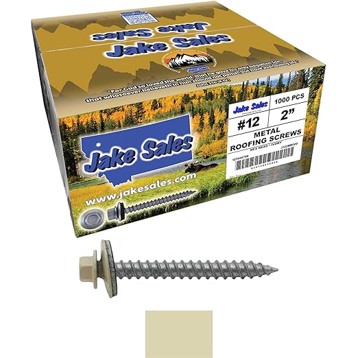 12 x 2 Ivory Metal Roofing Screws - Hex Washer Head- Self-Starting/Tapping - EPDM Washer. 4 X 250 Bags - 1,000 Screws