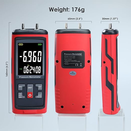 Manometer Data Logger Digital Manometer Gas Pressure Tester with ±200 inH2O Measuring Range, Differential Pressure Gauge 13 Selectable Units Manometer HVAC with Large LCD Screen