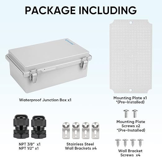 TICONN Outdoor Electrical Box Waterproof, Junction Box IP67 ABS Plastic Enclosure with Hinged Cover with Mounting Plate, Wall Brackets, Cable Glands (Off-White, 10.2"x6.3"x3.9")