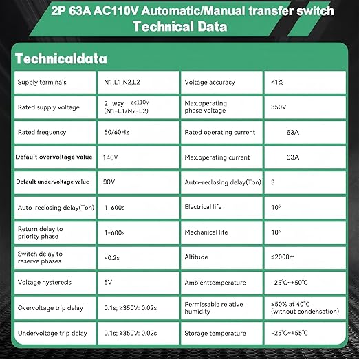 63 amp AC110V Automatic/Manual Transfer Switch with LED Display, 50/60Hz 2P 63A ATS Auto Dual Power Outdoor Changeover Switch for Home Generator, L1 Priority Din Rail Mount Selector Transfer Switches
