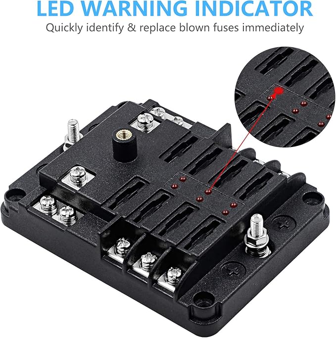 6 Way 12V Fuse Box 12Volt Blade Fuse Block Holder, 6 Circuit W/Negative Bus Waterproof Fuse Box with LED Indicator for 12V/24V Automotive Golf Cart Truck Car Boat Marine RV Van Vehicle