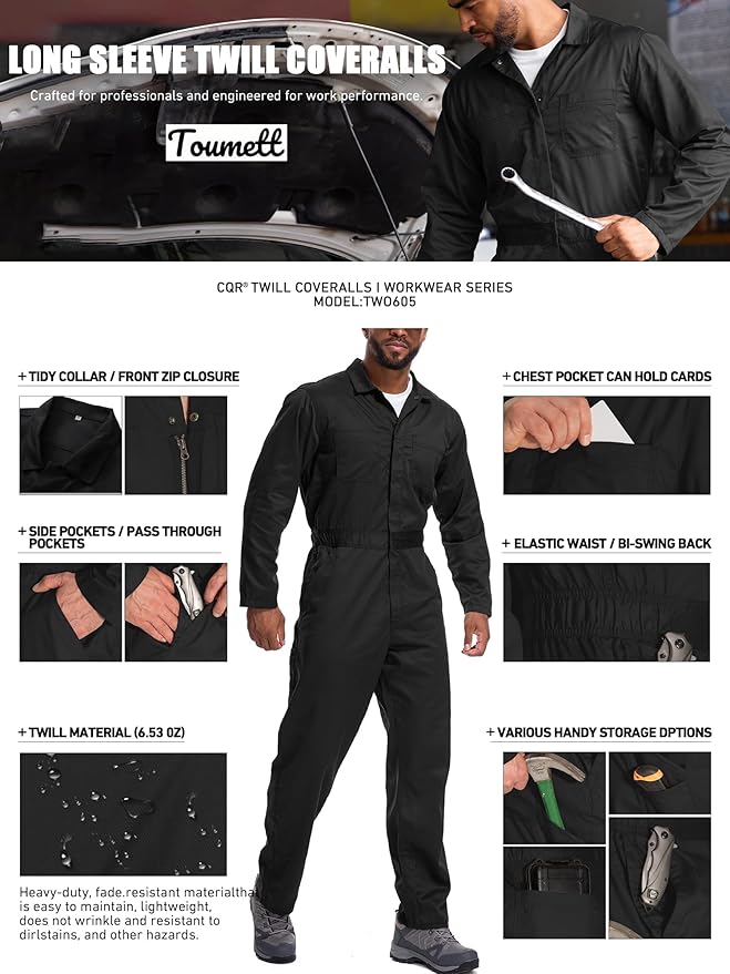 Coveralls for Men Long Sleeve Cotton Blend Work Jumpsuit with Multi Pockets Utility Work Wear