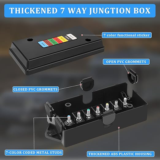 2 Set 7 Way Trailer Junction Box Weatherproof 7 Gang Color Coded Solid Studs Electrical 7 Way Trailer Wire Junction Box 7 Pole Waterproof for RV Camper Caravans Boat Rewiring - Black